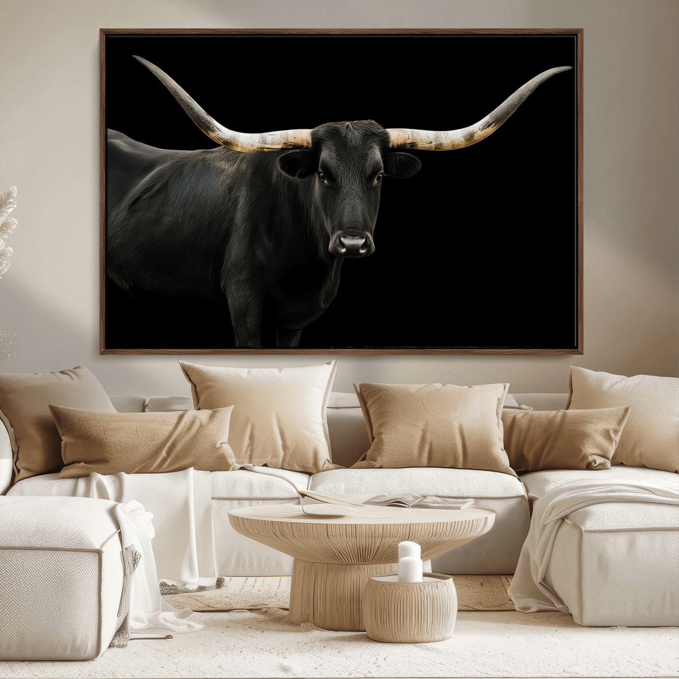 Close-up of a black Texas longhorn with large curved horns on black background, ideal for rustic farmhouse or modern western interiors.