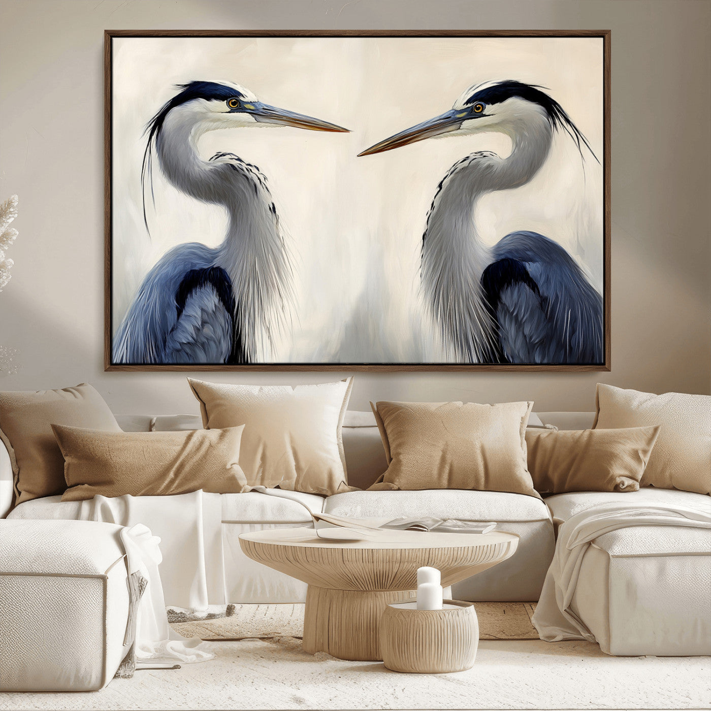 Two blue herons facing each other on a soft neutral background, ideal for coastal, tranquil, or nature-inspired minimalist interiors.