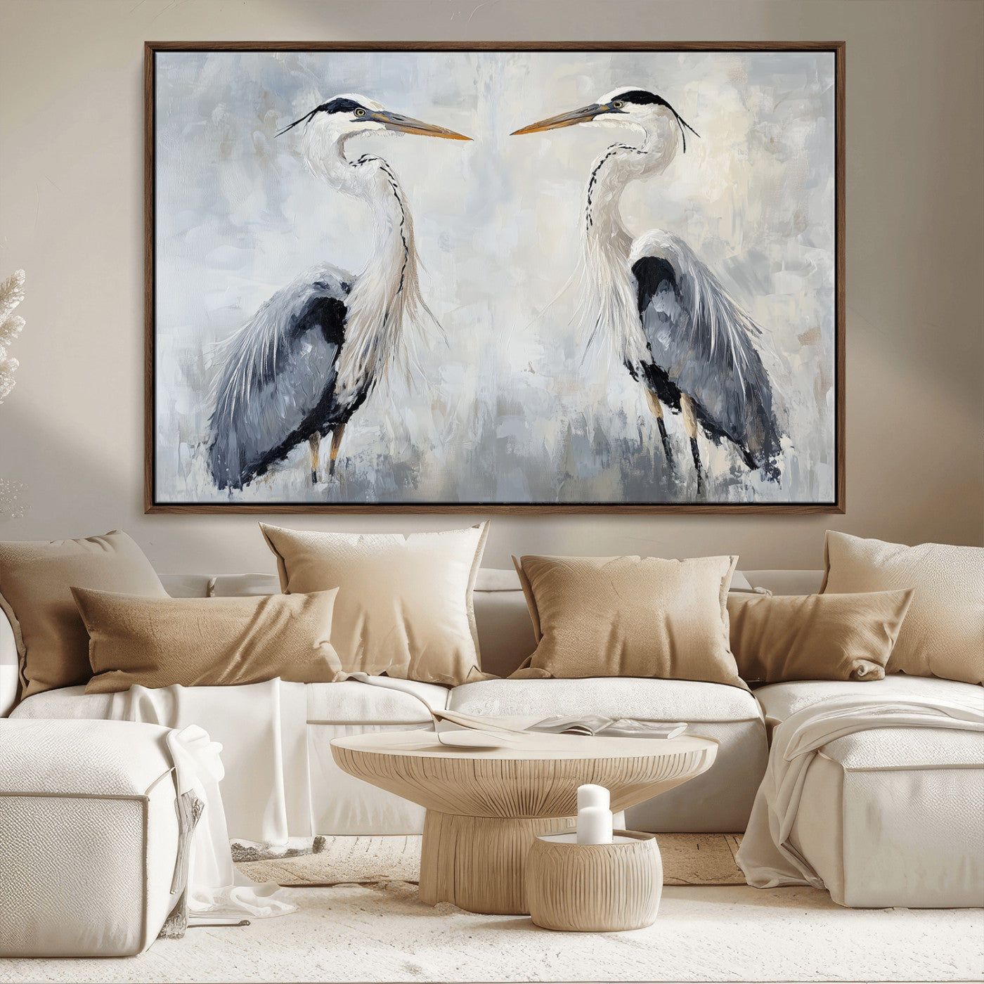 Two herons facing each other on a soft-toned background with blue-grey feathers, perfect for tranquil, coastal or nature-themed interiors.