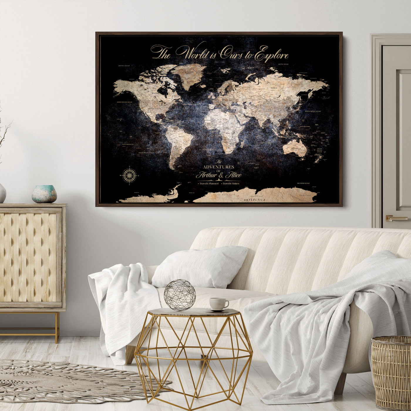 '-Customize Push Pin World Map Wall Canvas Print, Personalized Travel Tracker with Pins, Framed Large Canvas for Home Office Decor - H37