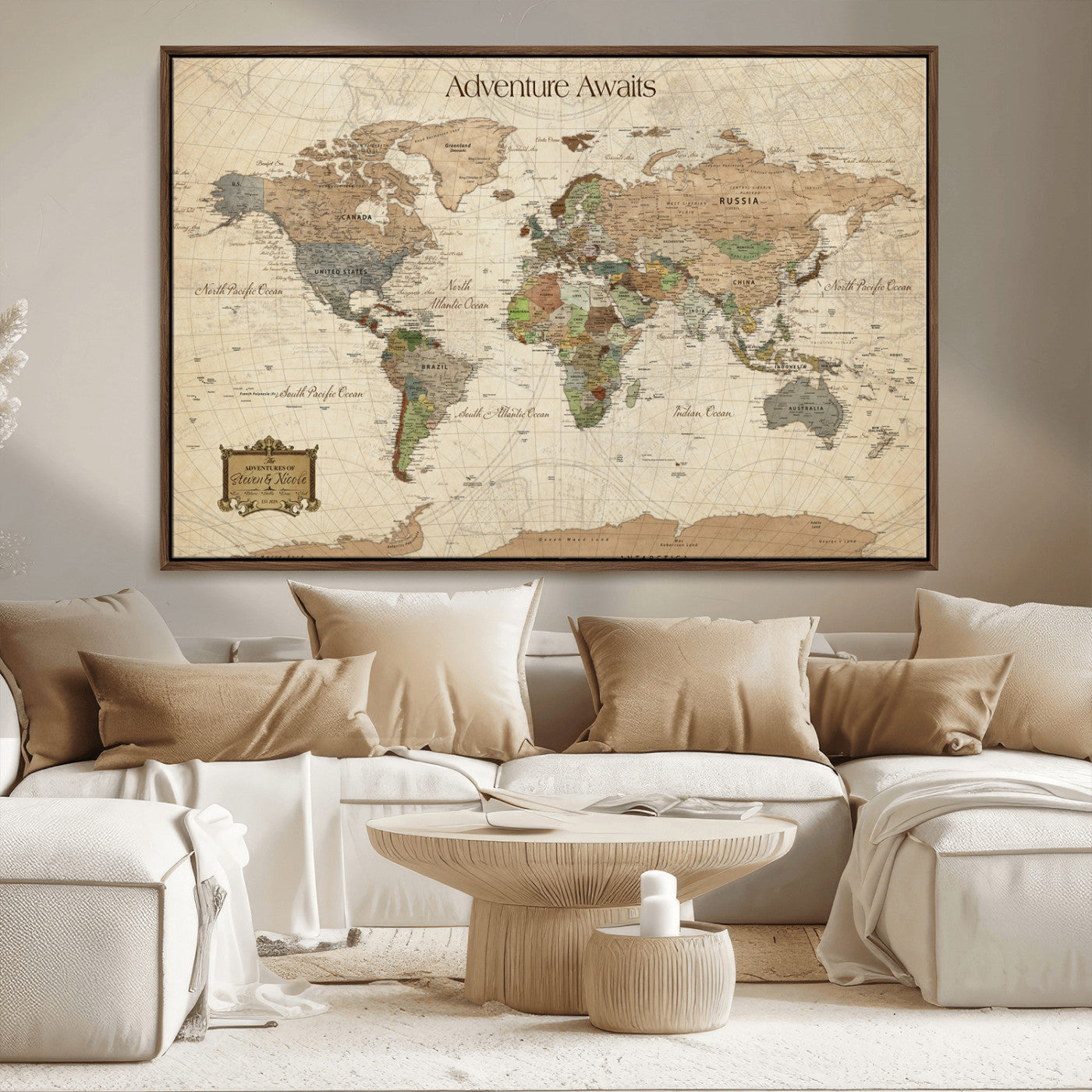 Custom Push Pin World Map Wall Canvas Print – Personalized Travel Tracker with Pins – Framed Custom Quotie Canvas for Home Office Decor