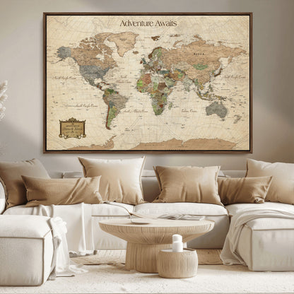 Custom Push Pin World Map Wall Canvas Print – Personalized Travel Tracker with Pins – Framed Custom Quotie Canvas for Home Office Decor