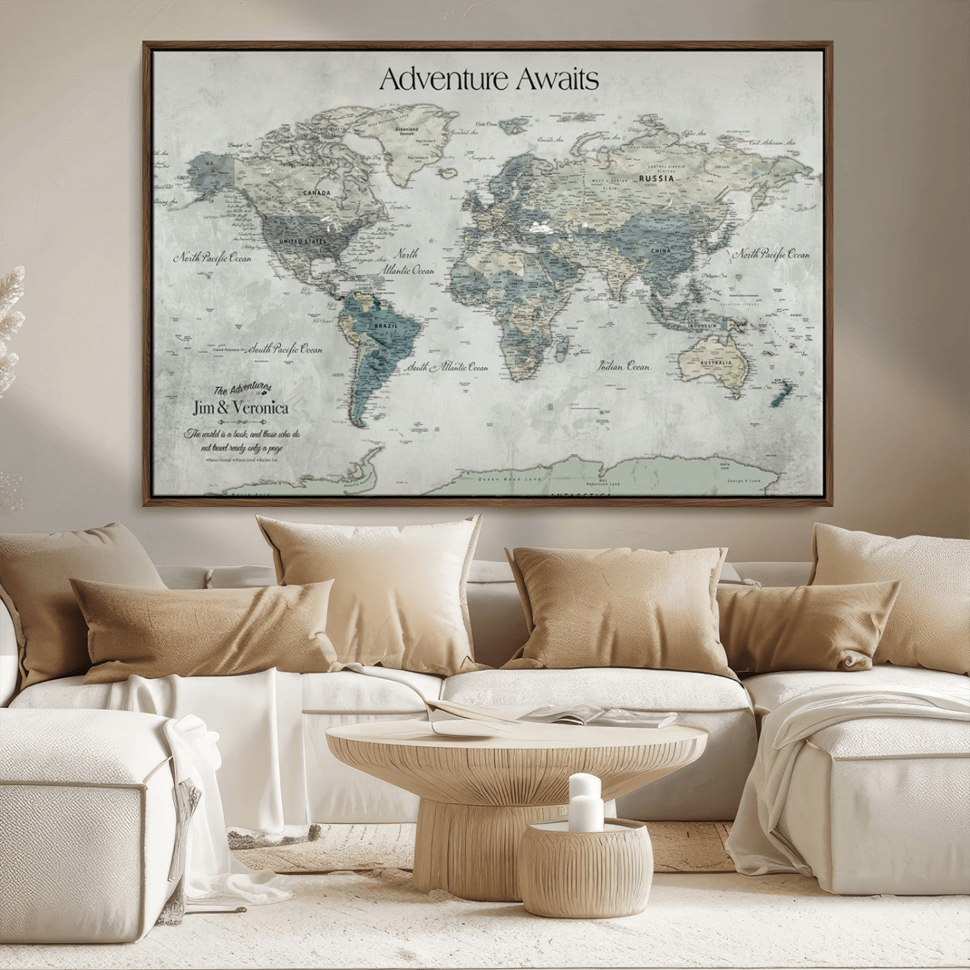 Customize Push Pin World Map Wall Canvas Print – Personalized Travel Tracker with Pins – Framed Custom Quotie Canvas for Home Office Decor