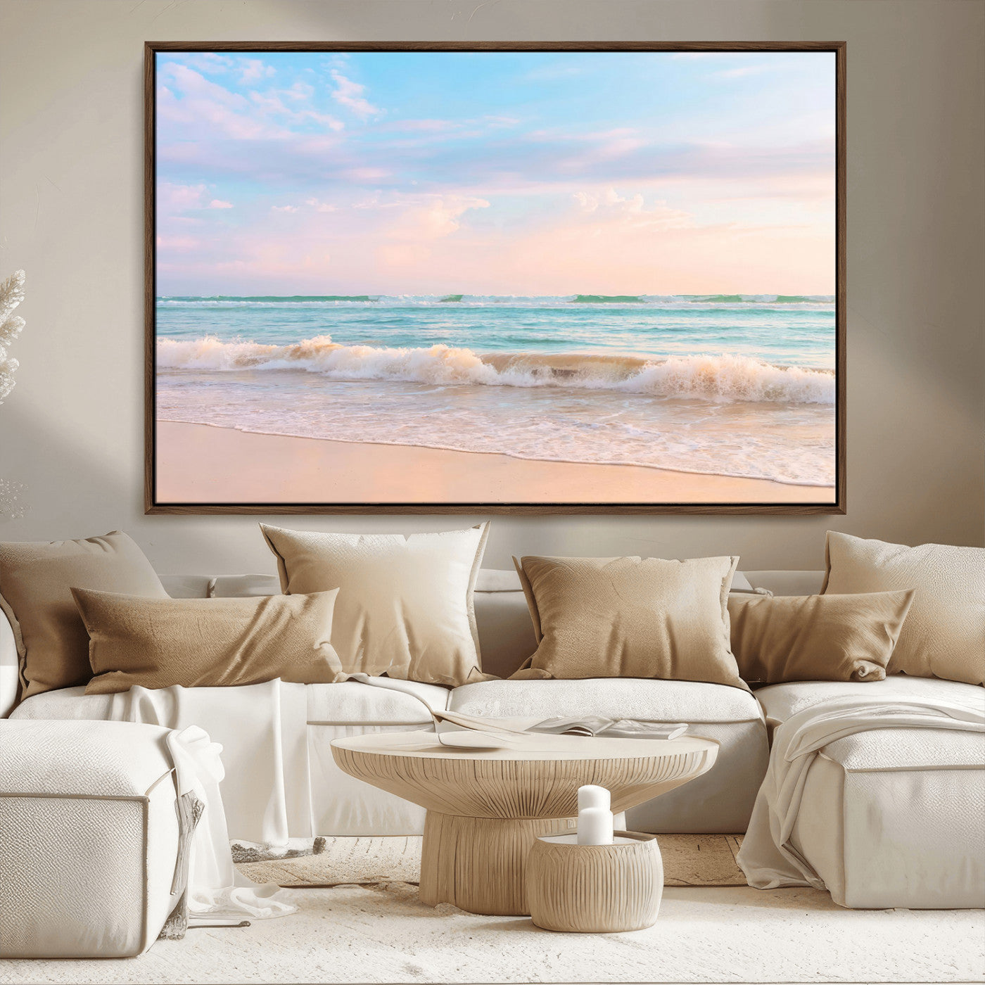 A peaceful beach scene with soft pastel skies, gentle waves washing up on the sandy shore, creating a calm and serene ocean view.