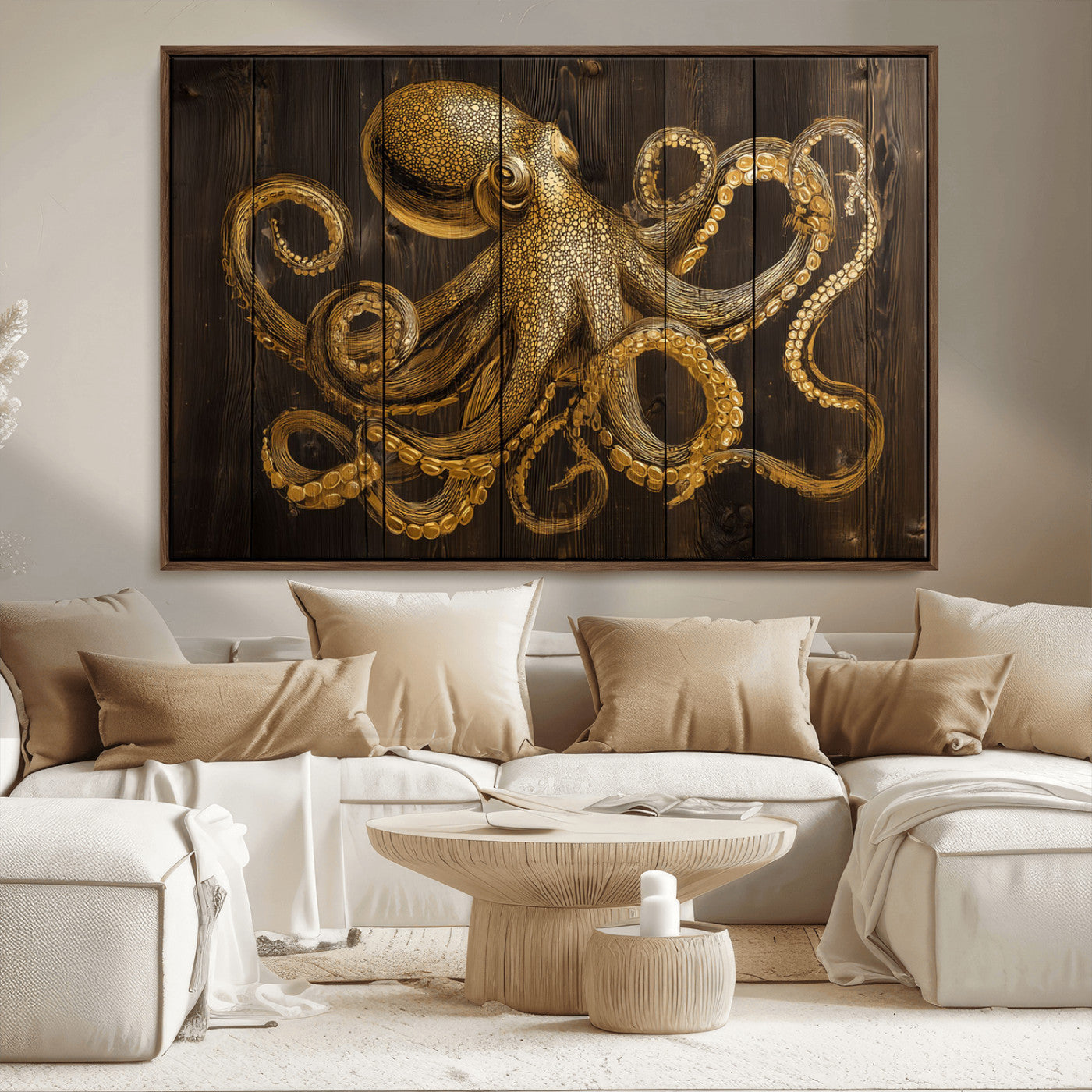 An artistic rendering of an octopus in gold ink on wooden planks, showcasing intricate details of its tentacles and textured skin.