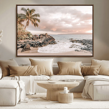 A peaceful beach scene with a palm tree and rocks, soft waves washing onto the shore under a soft pastel sky at sunset.