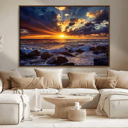 An explosive sunset over the ocean with dramatic clouds and rays of sunlight reflecting off the water, creating a vibrant and captivating view.