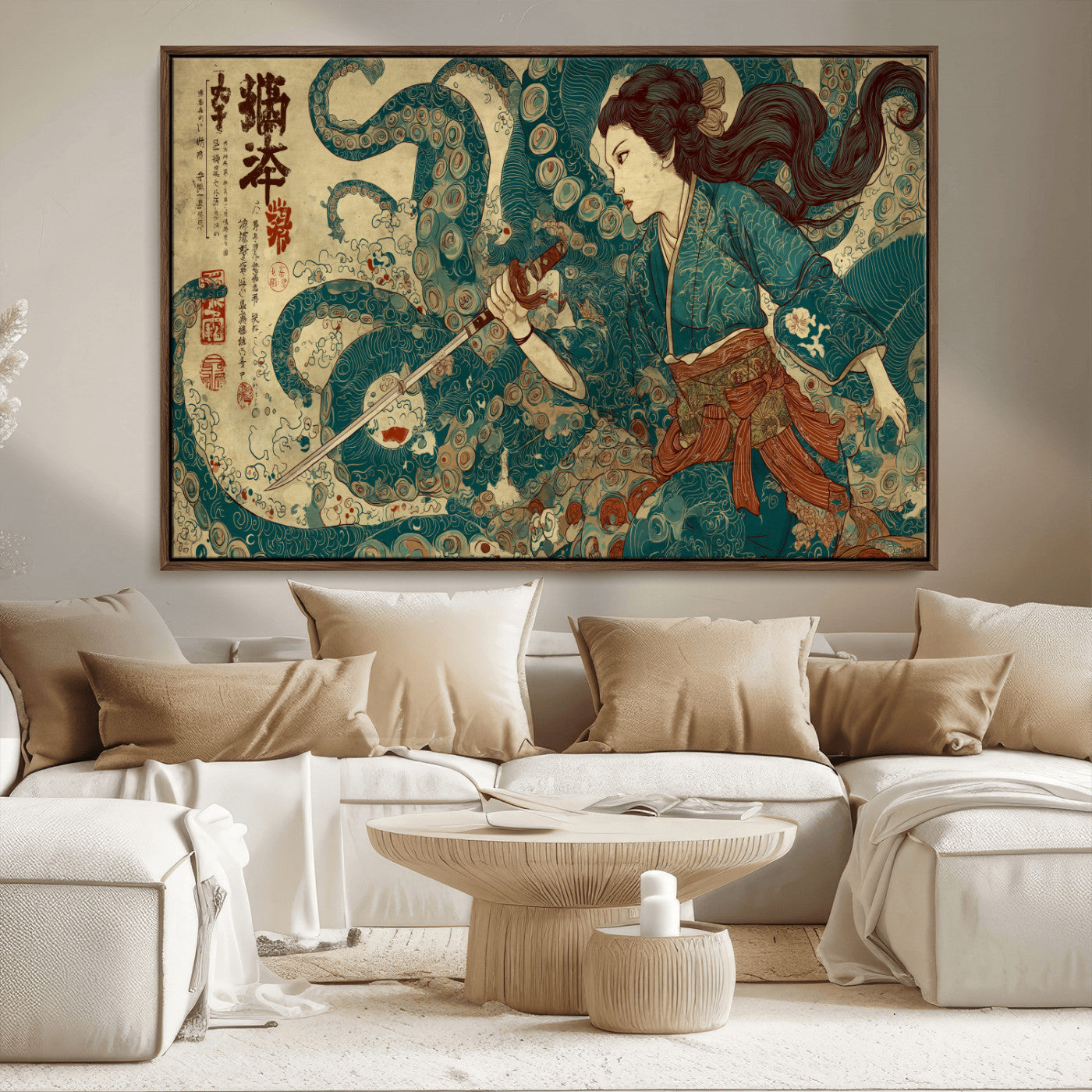 Tsukioka Yoshitoshi Samurai Wall Art Print, Japanese Katana Warrior Canvas Wall Art, Octopus Sea Monster Canvas Print,