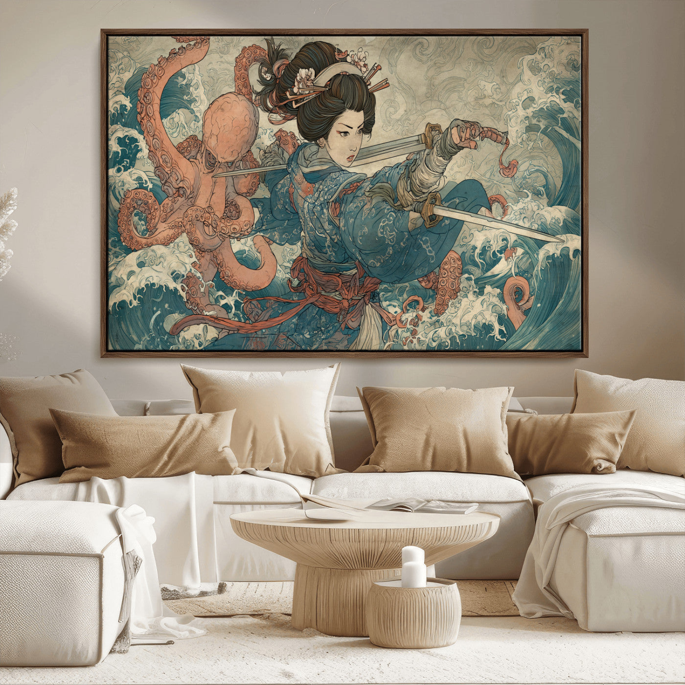 Tsukioka Yoshitoshi Samurai Wall Art Print, Japanese Katana Warrior Canvas Wall Art, Octopus Sea Monster Canvas Print,
