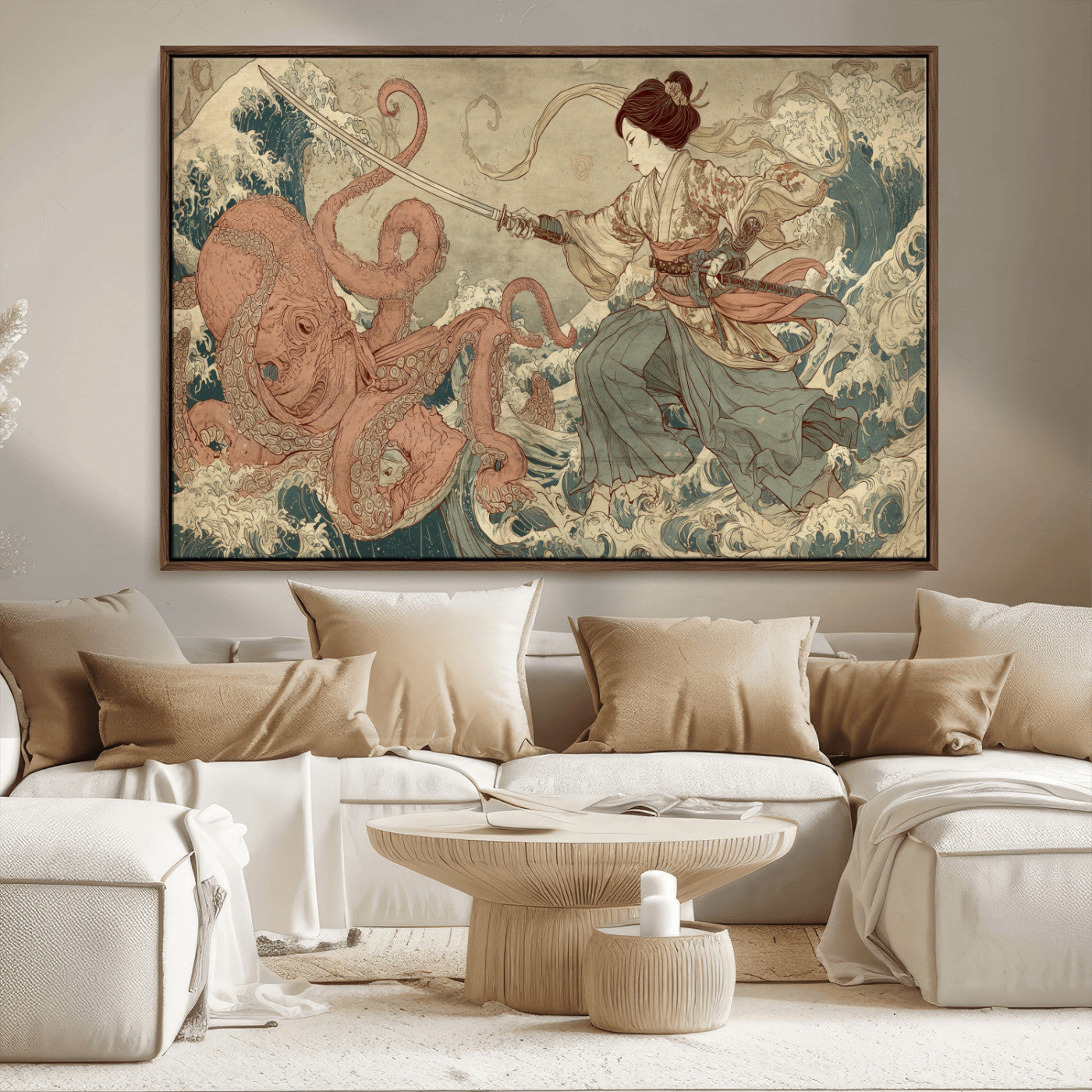 Tsukioka Yoshitoshi Samurai Wall Art Print, Japanese Katana Warrior Canvas Wall Art, Octopus Sea Monster Canvas Print,