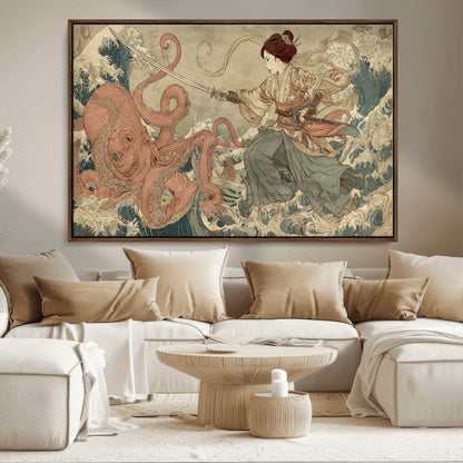 Tsukioka Yoshitoshi Samurai Wall Art Print, Japanese Katana Warrior Canvas Wall Art, Octopus Sea Monster Canvas Print,