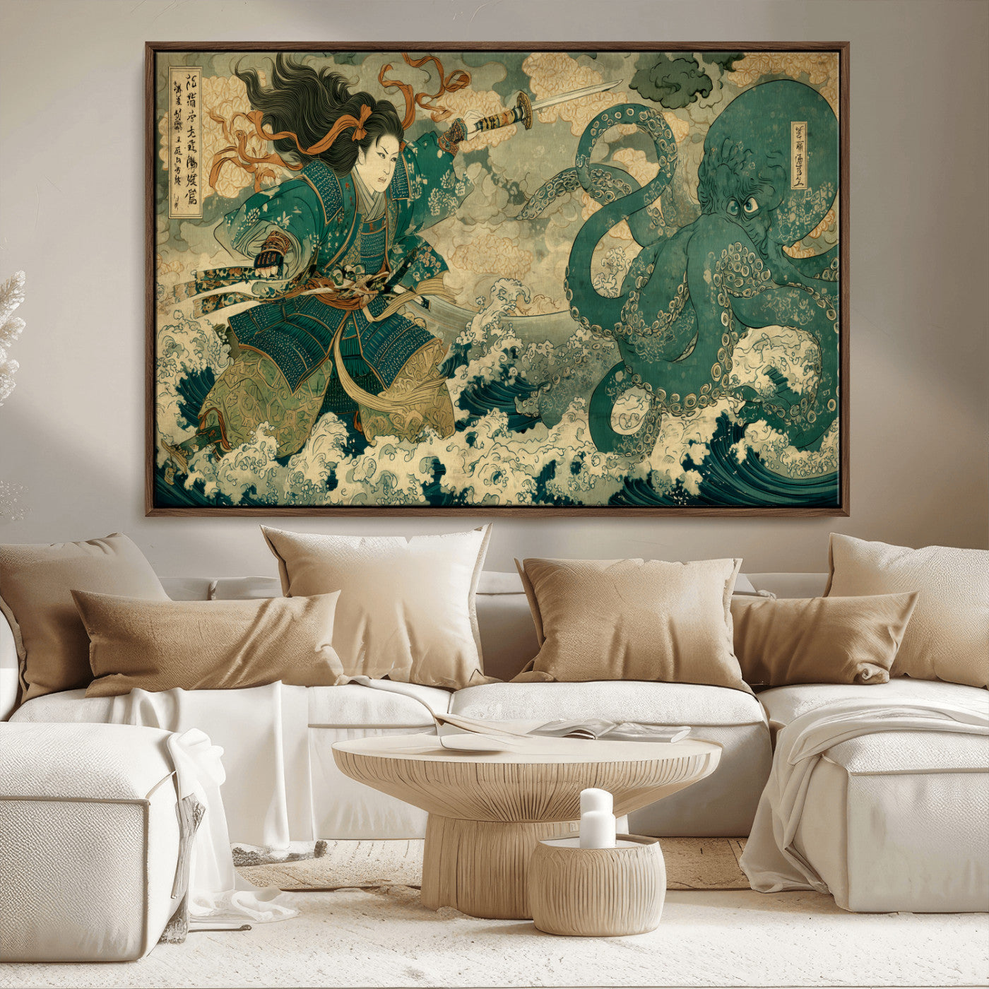 Tsukioka Yoshitoshi Samurai Wall Art Print, Japanese Katana Warrior Canvas Wall Art, Octopus Sea Monster Canvas Print,