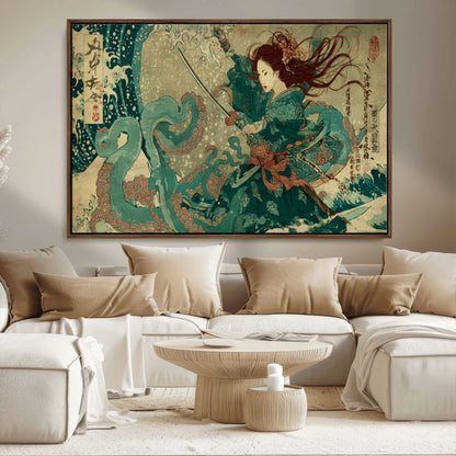 Tsukioka Yoshitoshi Samurai Wall Art Print, Japanese Katana Warrior Canvas Wall Art, Octopus Sea Monster Canvas Print,