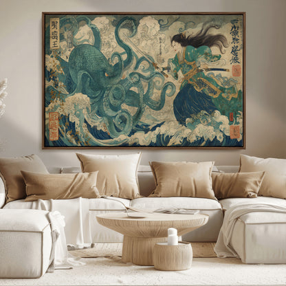 Tsukioka Yoshitoshi Samurai Wall Art Print, Japanese Katana Warrior Canvas Wall Art, Octopus Sea Monster Canvas Print,