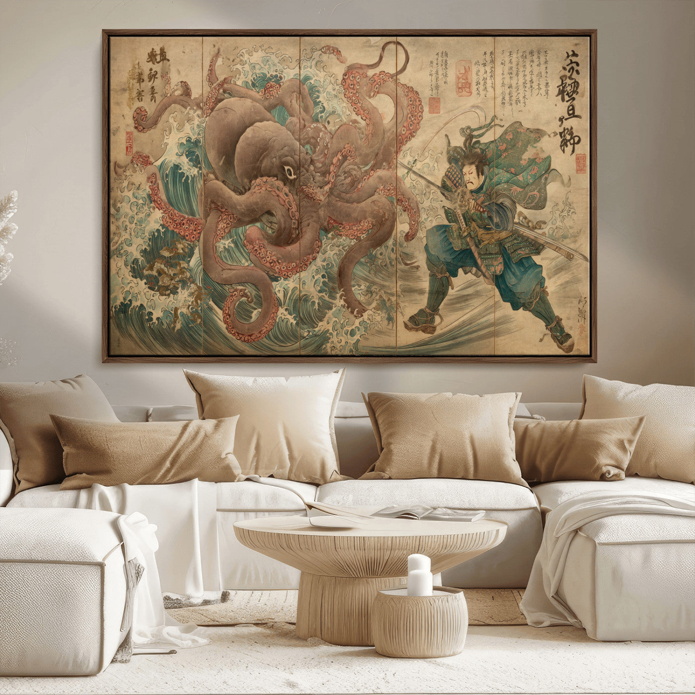 Tsukioka Yoshitoshi Samurai Wall Art Print, Japanese Katana Warrior Canvas Wall Art, Octopus Sea Monster Canvas Print,