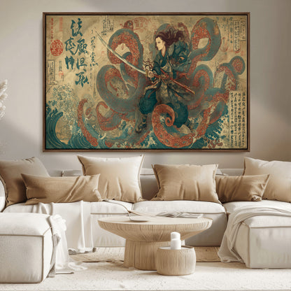 Tsukioka Yoshitoshi Samurai Wall Art Print, Japanese Katana Warrior Canvas Wall Art, Octopus Sea Monster Canvas Print,