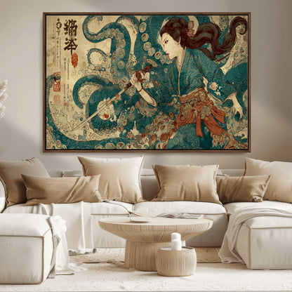 Tsukioka Yoshitoshi Samurai Wall Art Print, Japanese Katana Warrior Canvas Wall Art, Octopus Sea Monster Canvas Print,