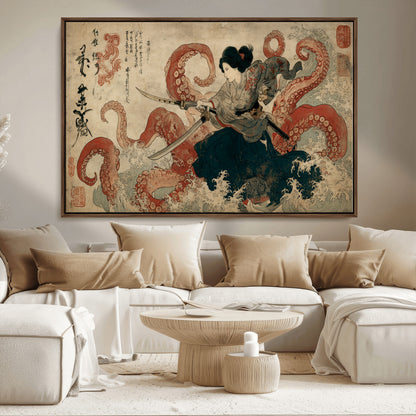Tsukioka Yoshitoshi Samurai Wall Art Print, Japanese Katana Warrior Canvas Wall Art, Octopus Sea Monster Canvas Print,