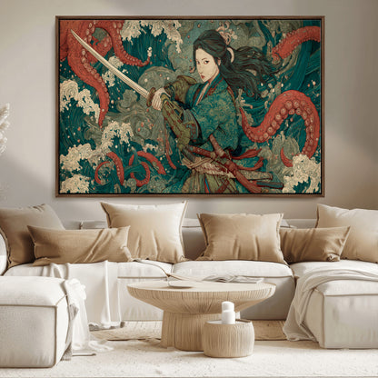 Tsukioka Yoshitoshi Samurai Wall Art Print, Japanese Katana Warrior Canvas Wall Art, Octopus Sea Monster Canvas Print,