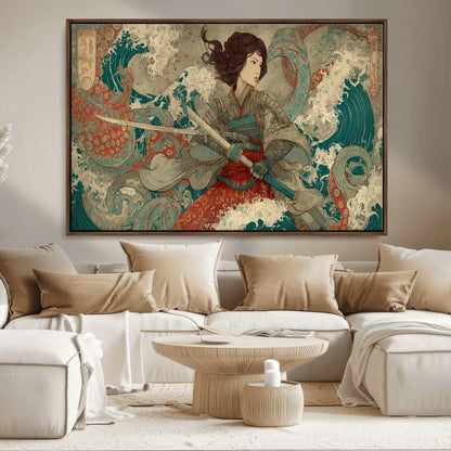 Tsukioka Yoshitoshi Samurai Wall Art Print, Japanese Katana Warrior Canvas Wall Art, Octopus Sea Monster Canvas Print,