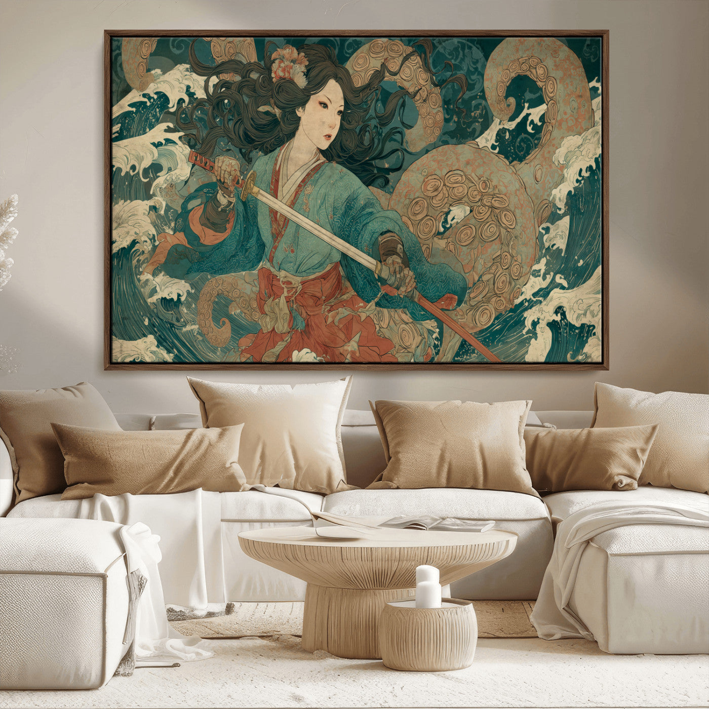 Tsukioka Yoshitoshi Samurai Wall Art Print, Japanese Katana Warrior Canvas Wall Art, Octopus Sea Monster Canvas Print,