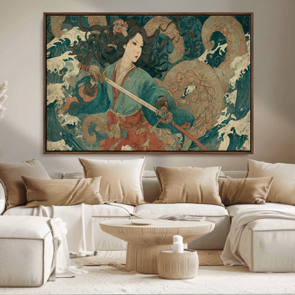 Tsukioka Yoshitoshi Samurai Wall Art Print, Japanese Katana Warrior Canvas Wall Art, Octopus Sea Monster Canvas Print,