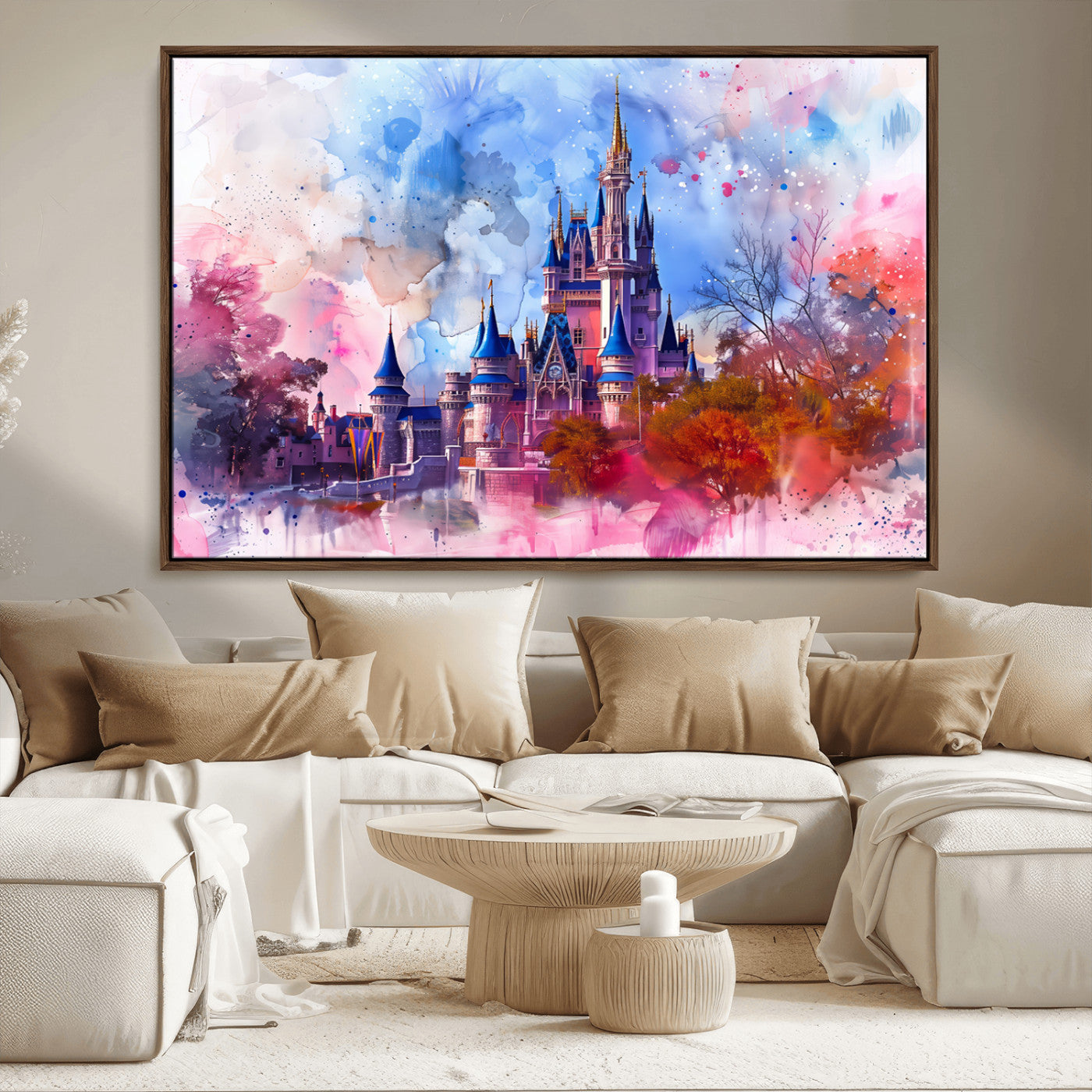 Watercolor canvas of a dreamy Disney-style castle in pastel pink and blue tones, perfect for fairytale or whimsical home decor.