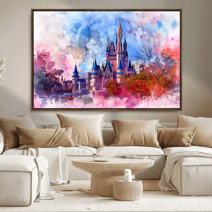 Watercolor canvas of a dreamy Disney-style castle in pastel pink and blue tones, perfect for fairytale or whimsical home decor.