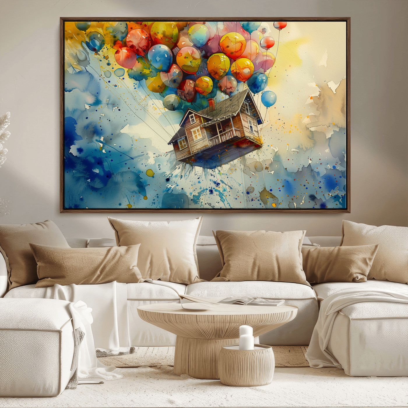 Whimsical canvas of a flying wooden house held by balloons, in dreamy watercolor tones, ideal for fantasy-inspired home decor.