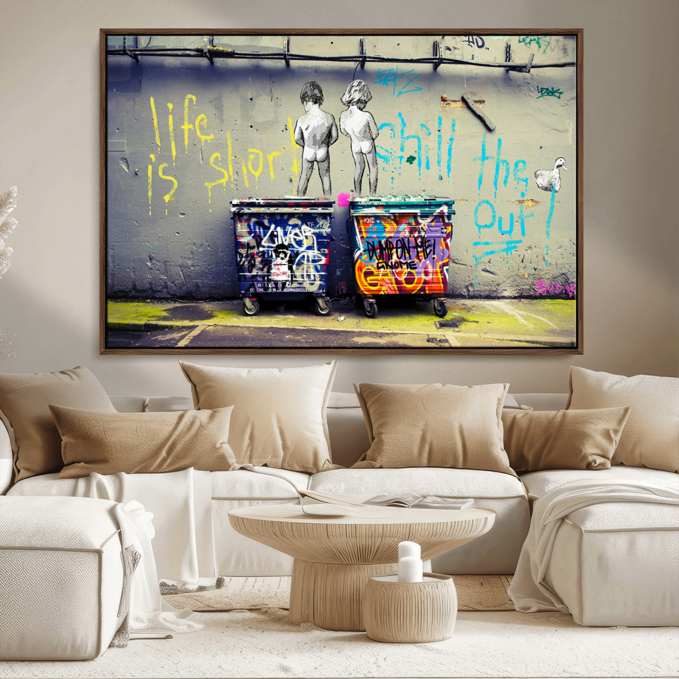 Graffiti-style canvas art with bold text and two naked figures over urban dumpsters, ideal for edgy or street-style decor.