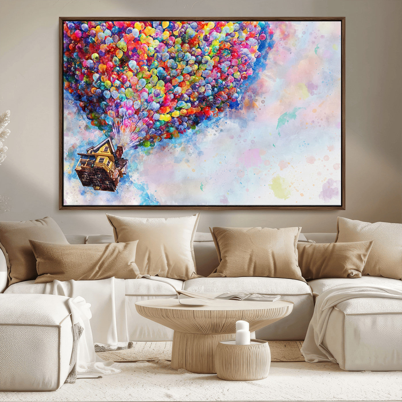 Whimsical canvas of the house from the movie Up flying with colorful balloons, ideal for Pixar or animation-themed decor.