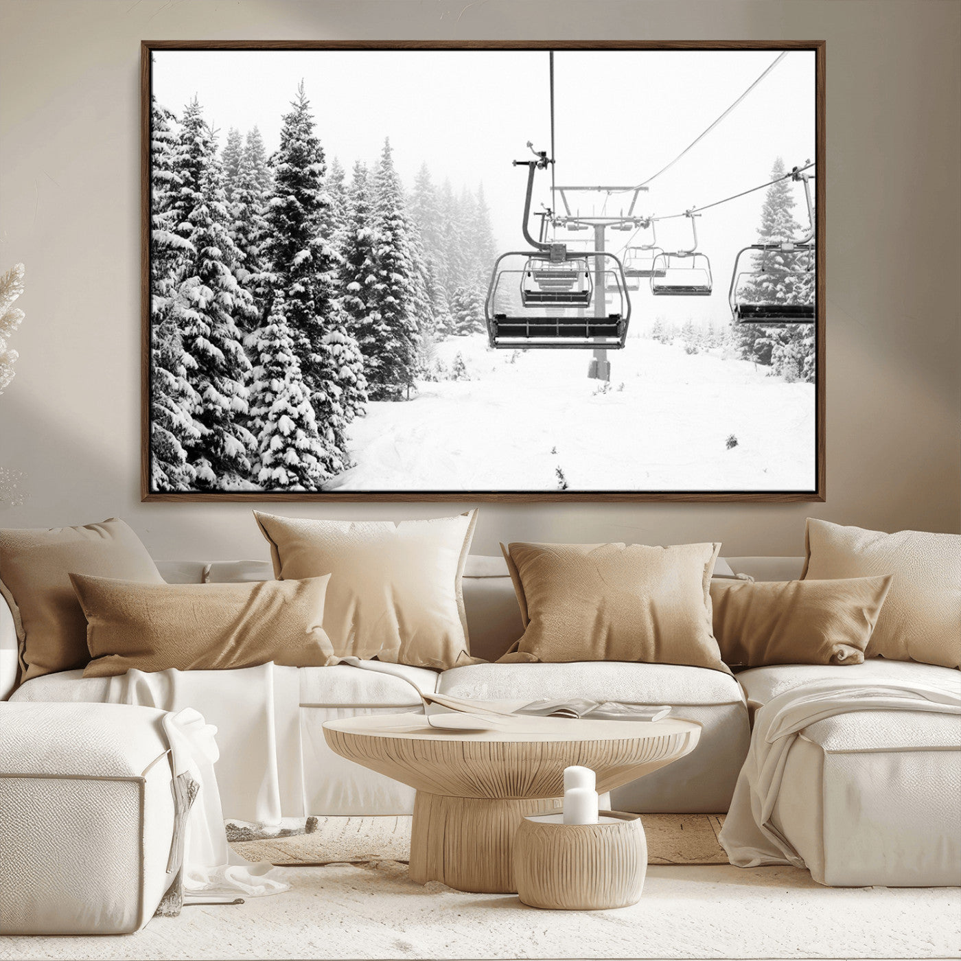 Black and white canvas of empty ski lifts over a snowy pine forest, perfect for minimal winter or ski lodge-inspired decor.