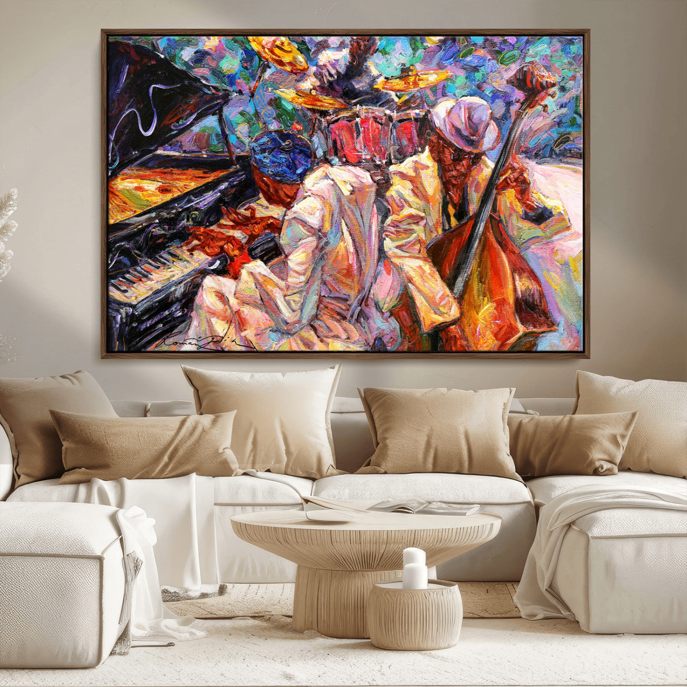 Vibrant oil painting of a jazz band with piano, saxophone, and bass, ideal for colorful and expressive music-themed home decor.