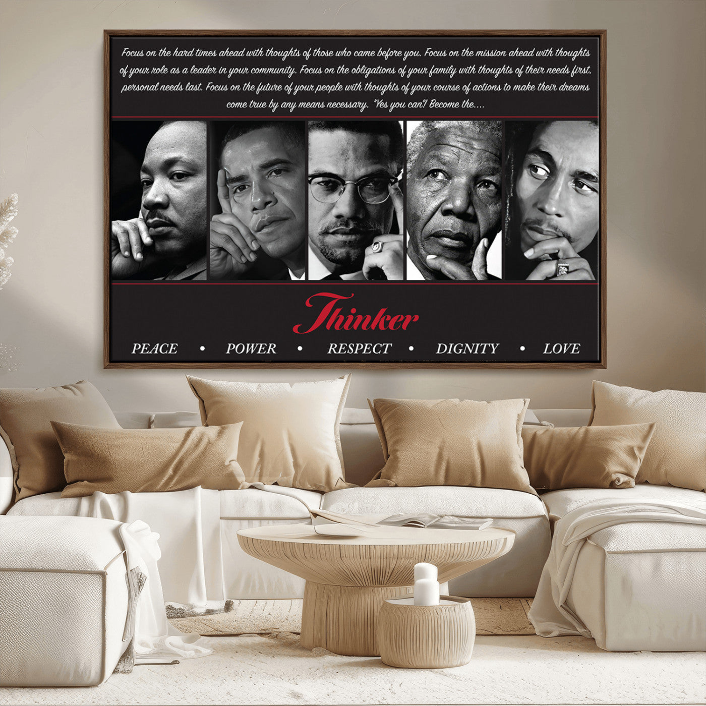 Monochrome canvas of iconic Black leaders with a powerful quote, perfect for modern spaces with a cultural or motivational theme.