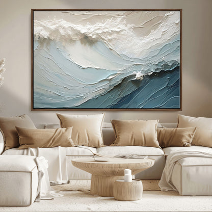 Textured canvas of ocean waves in soft coastal blues and creamy whites, ideal for modern or minimalist coastal-style interiors.