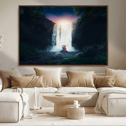 Romantic scene of Stitch and Angel sitting under a leaf in front of a glowing waterfall, ideal for tropical or fantasy-themed decor.