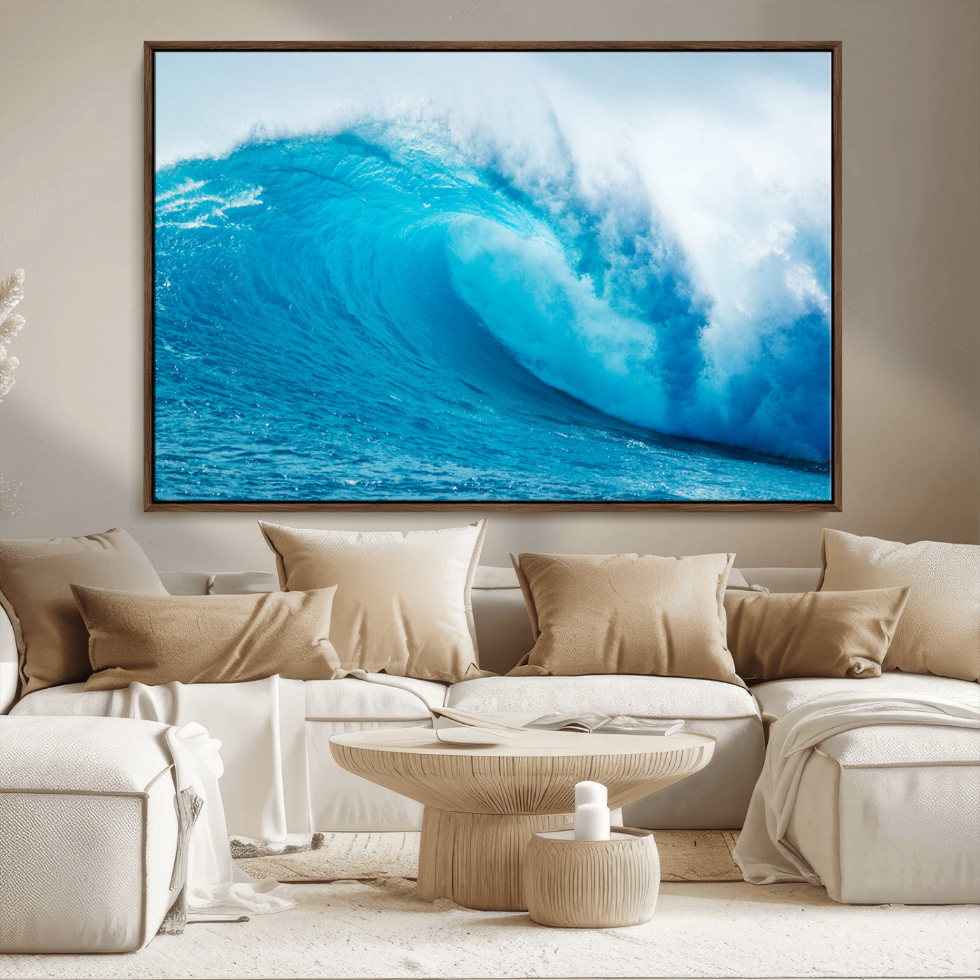Vibrant canvas of a powerful curling ocean wave in tropical blue tones, perfect for coastal or surf-inspired decor settings.