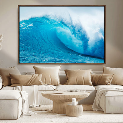 Vibrant canvas of a powerful curling ocean wave in tropical blue tones, perfect for coastal or surf-inspired decor settings.