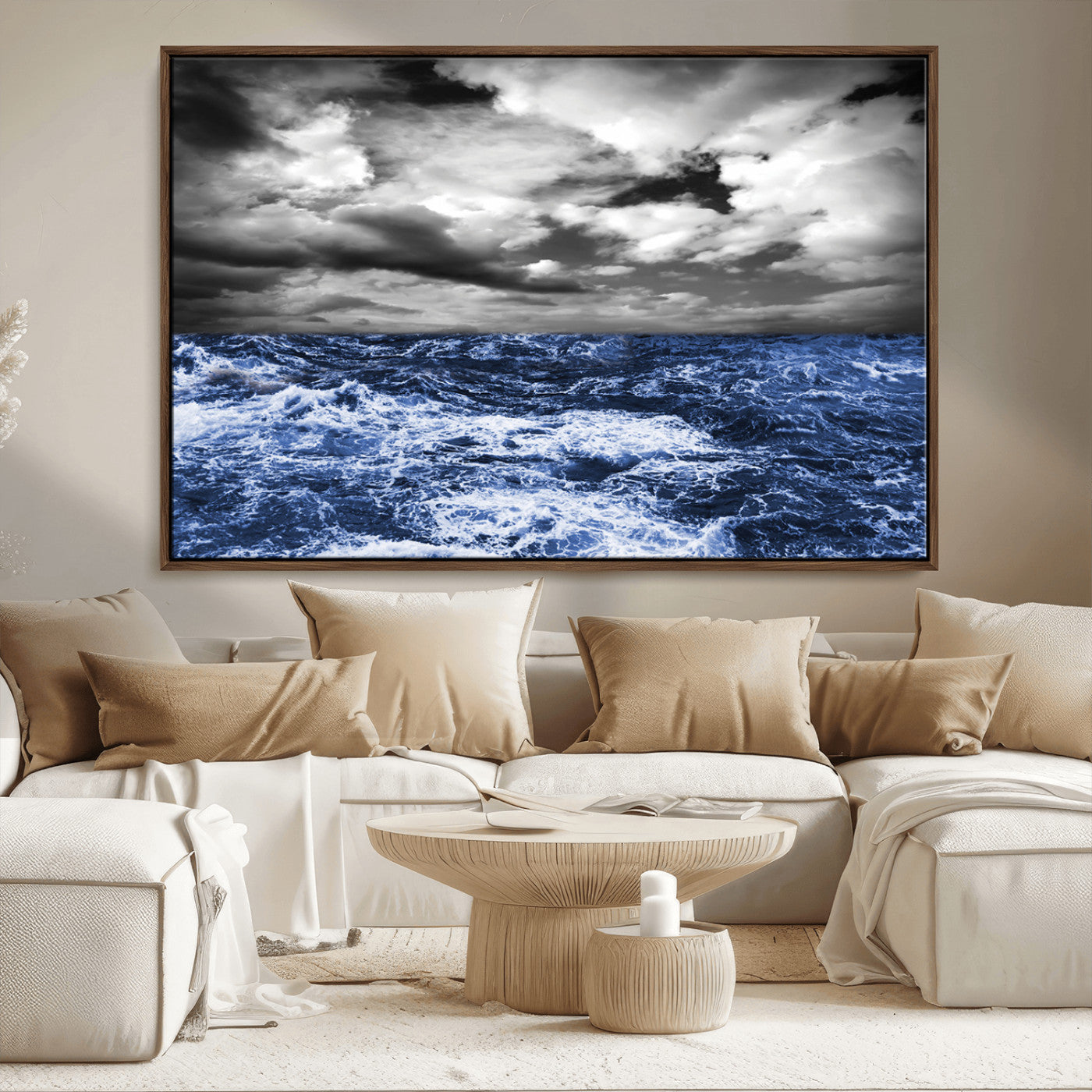 Moody canvas wall art of a stormy ocean under a dramatic black-and-white sky, perfect for bold or coastal-style interiors.
