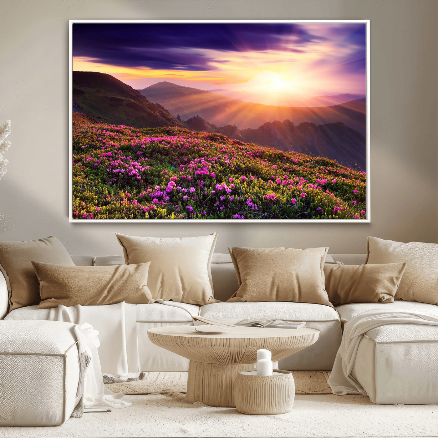 -Mountain Sunrise Wall Art – Vibrant Floral Landscape Canvas Print, Nature Home Decor for Living Room, Bedroom Office or Cabin