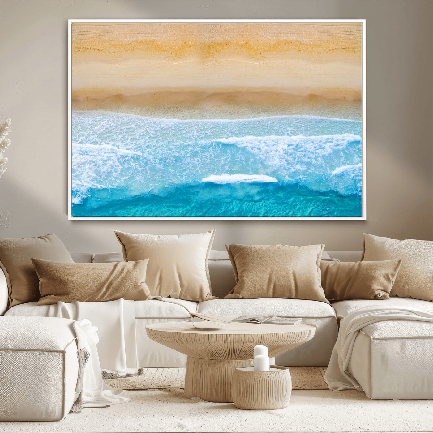 -Aerial Beach Wall Art – Serene Ocean Waves & Sandy Shore Canvas Print, Coastal Home Decor for Living Room, Bedroom or Office