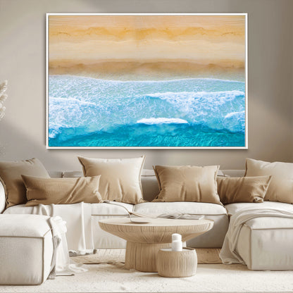 -Aerial Beach Wall Art – Serene Ocean Waves & Sandy Shore Canvas Print, Coastal Home Decor for Living Room, Bedroom or Office