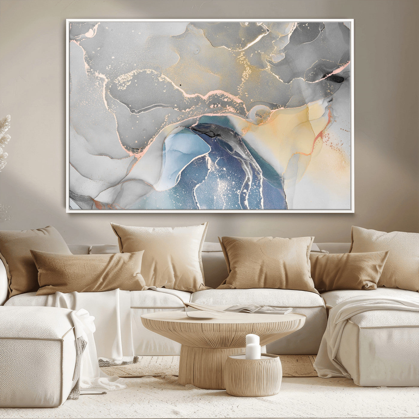 -Abstract Fluid Art Wall Decor – Blue, Gray & Gold Canvas Print, Modern Home and Office Wall Art Decor for Living Room, Bedroom or Workspace