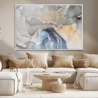 -Abstract Fluid Art Wall Decor – Blue, Gray & Gold Canvas Print, Modern Home and Office Wall Art Decor for Living Room, Bedroom or Workspace