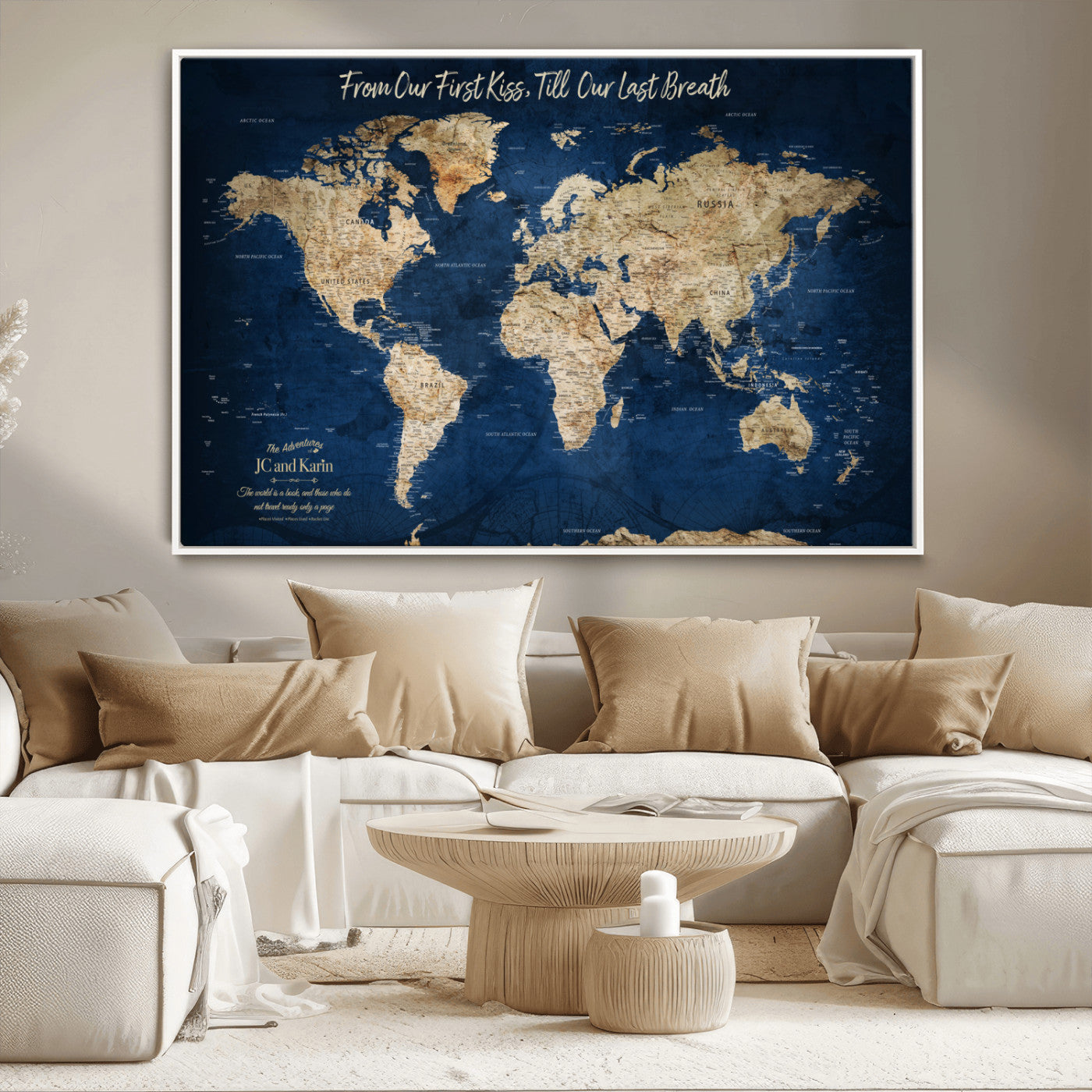 56122A-MGV-CV-36X24-Push Pin World Map Canvas Print – Framed Wall Art for Couples to Track Their Travels – Anniversary Gift or Home Adventure Decor - H2-Orj