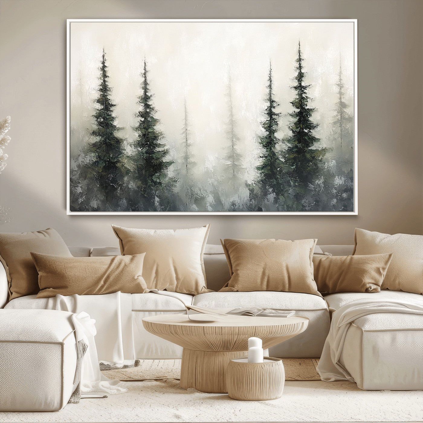 Soft and misty pine forest painting in neutral earthy tones, ideal for calm woodland or minimalist rustic home decor.