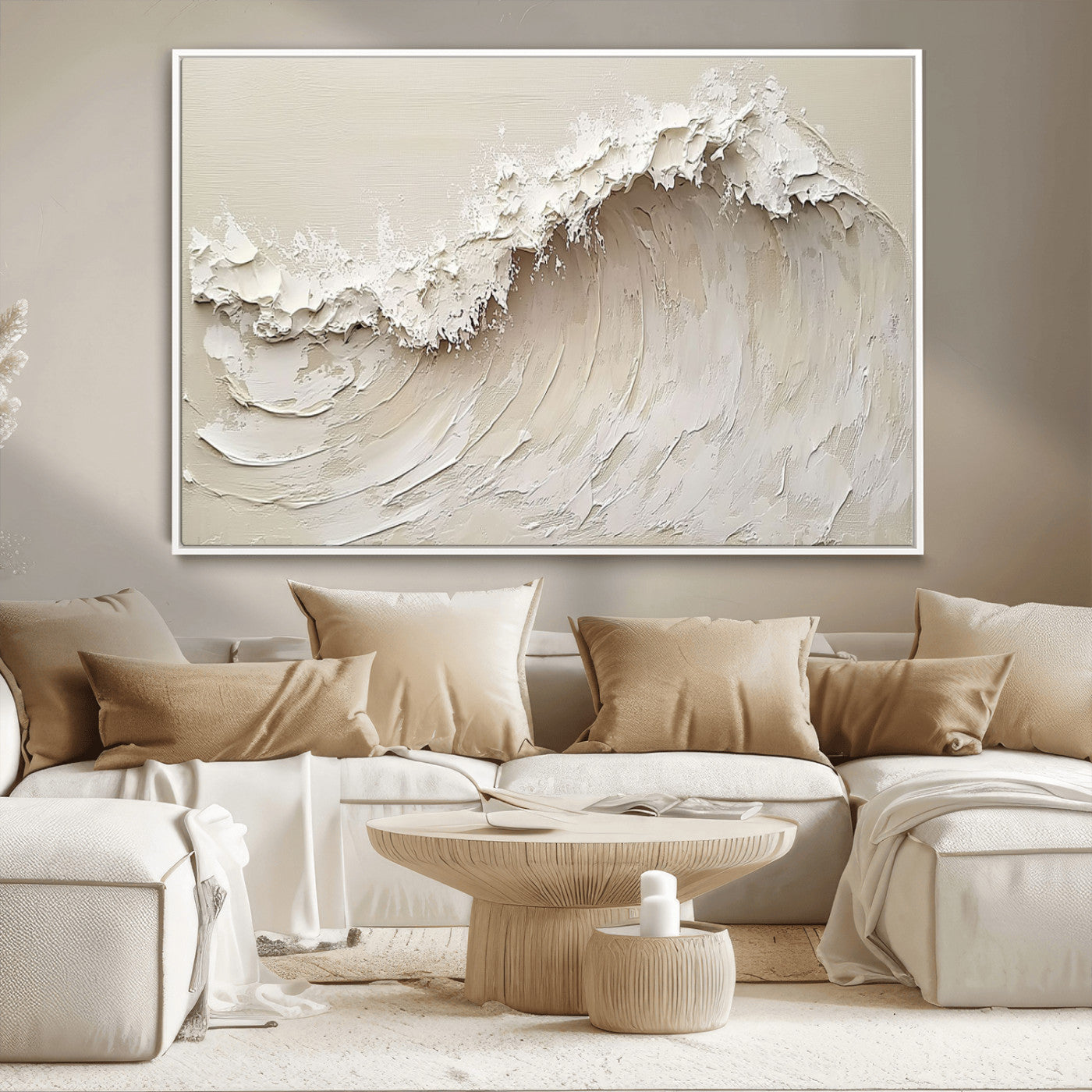 Textured canvas of an abstract white ocean wave in neutral tones, ideal for modern coastal or minimalist home decor.