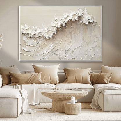 Textured canvas of an abstract white ocean wave in neutral tones, ideal for modern coastal or minimalist home decor.