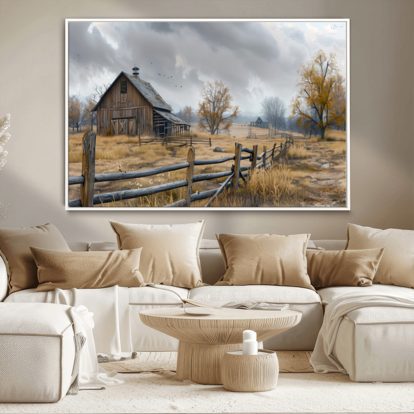 A tranquil rural scene featuring a rustic barn, overcast skies, and golden fields with scattered trees, evoking a sense of peaceful solitude in nature.