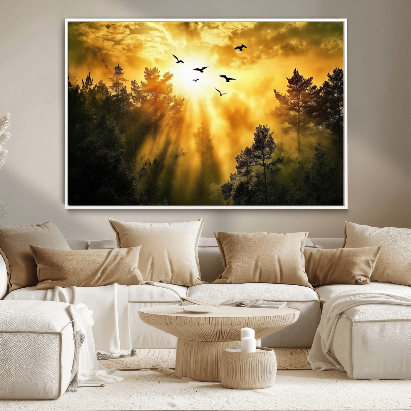 Canvas of a golden forest at sunset with birds flying through glowing sunbeams and silhouetted pine trees, ideal for warm-toned rustic decor.
